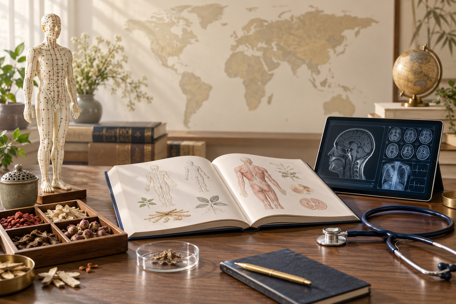 Traditional medicine references, medicinal herbs and modern diagnostic tools for integrative medical learning